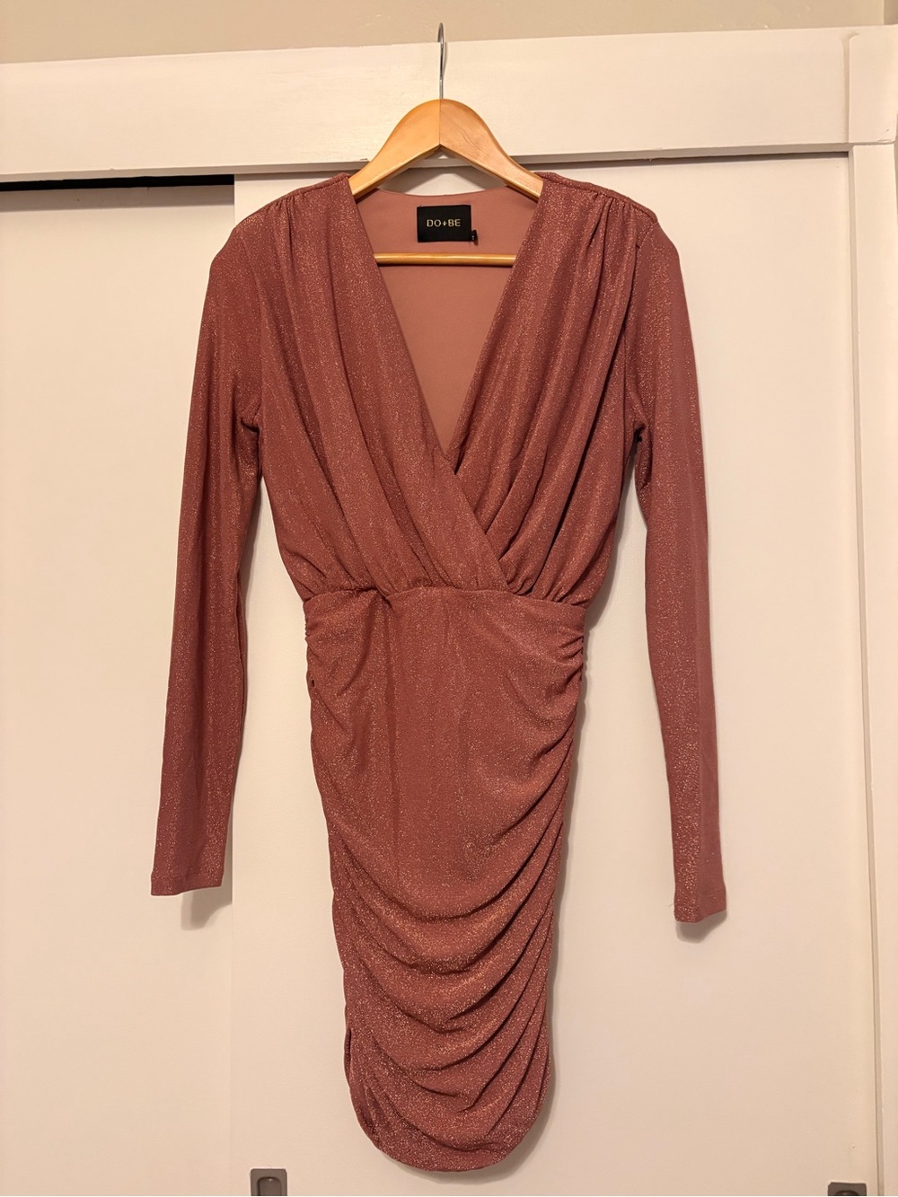 DO+BE Shimmery Rose Dust Ruched Long-Sleeve Wrap Dress